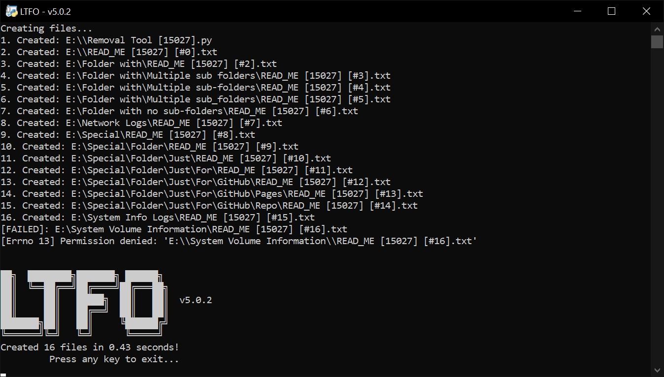 LTFO file generation terminal window
