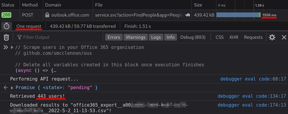 Screenshot of the console output